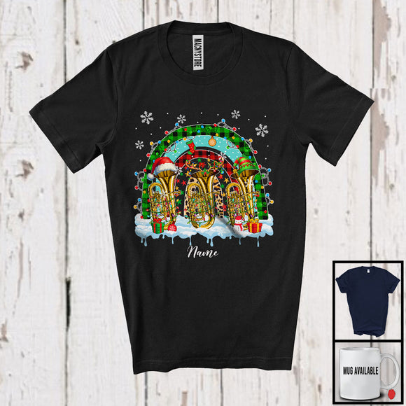 MacnyStore - Personalized Three Santa Elf Tuba; Cheerful Christmas Leopard Plaid Rainbow; Custom Name Tuba Player T-Shirt