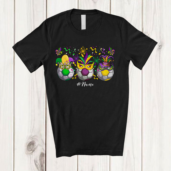 MacnyStore - Personalized Three Soccer With Mask Jester Hat; Joyful Mardi Gras Custom Name Soccer Player T-Shirt