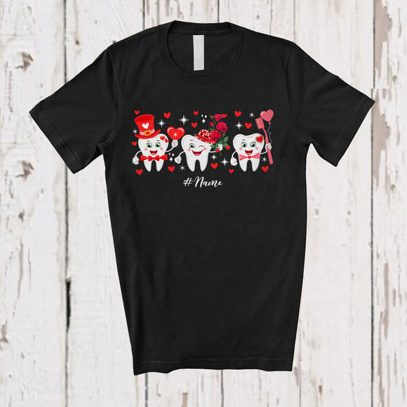 MacnyStore - Personalized Three Teeth; Lovely Valentine Hearts; Custom Name Dental Assistant Dentist T-Shirt