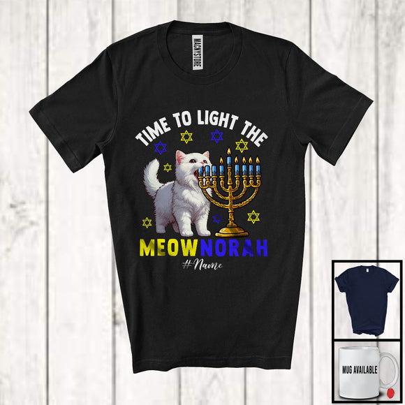 MacnyStore - Personalized Time To Light The Meownorah; Lovely Hanukkah Custom Name Kitten Sound; Menorah T-Shirt