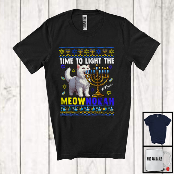 MacnyStore - Personalized Time To Light The Meownorah; Lovely Hanukkah Sweater Custom Name Kitten; Menorah T-Shirt