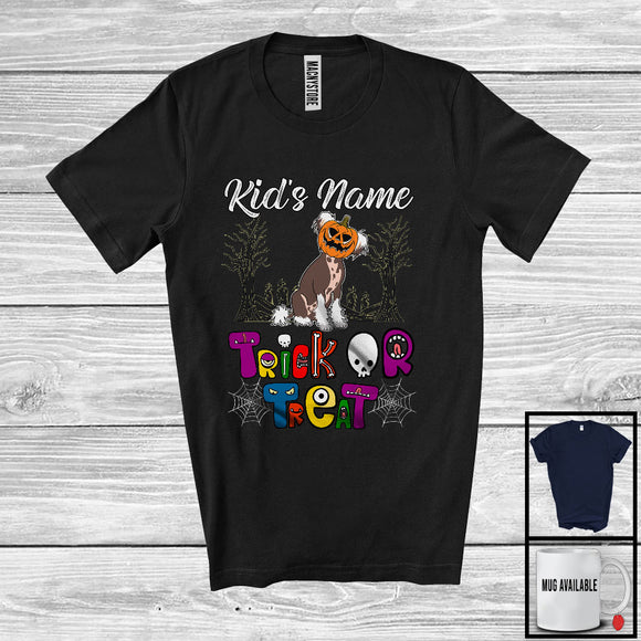 MacnyStore - Personalized Trick Or Treat, Humorous Halloween Chinese Crested Dog Custom Name, Pumpkin Face T-Shirt