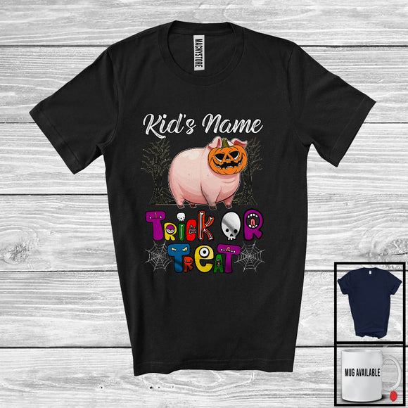 MacnyStore - Personalized Trick Or Treat, Humorous Halloween Pig Custom Name, Pumpkin Face T-Shirt