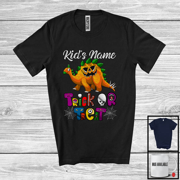 MacnyStore - Personalized Trick Or Treat, Humorous Halloween T-Rex Dinosaur Custom Name, Pumpkin Face T-Shirt