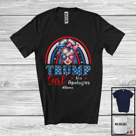 MacnyStore - Personalized Trump Girl No Apologies; Lovely Election Custom Name Messy Bun USA Flag; Rainbow T-Shirt