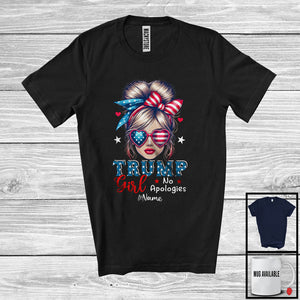 MacnyStore - Personalized Trump Girl No Apologies; Lovely Election Custom Name Messy Bun USA Flag T-Shirt