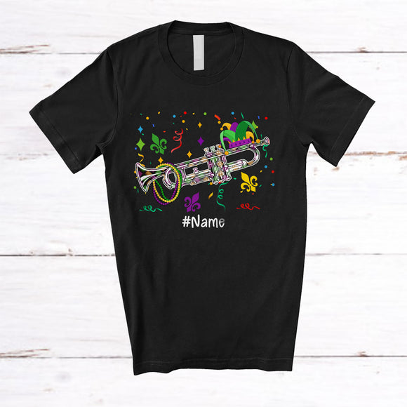 MacnyStore - Personalized Trumpet With Mardi Gras Beads Jester Hat; Lovely Custom Name Trumpeter Team T-Shirt