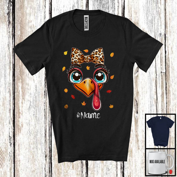MacnyStore - Personalized Turkey Face Leopard Bow Tie; Lovely Thanksgiving Turkey; Custom Name Girl Family T-Shirt