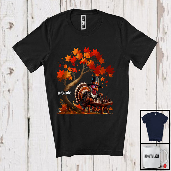 MacnyStore - Personalized Turkey Playing Chess Team; Joyful Thanksgiving Fall Tree Custom Name Player T-Shirt