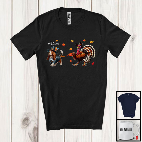 MacnyStore - Personalized Turkey Walking With Basset Hound; Happy Thanksgiving Custom Name Family T-Shirt