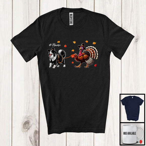 MacnyStore - Personalized Turkey Walking With Border Collie; Happy Thanksgiving Custom Name Family T-Shirt