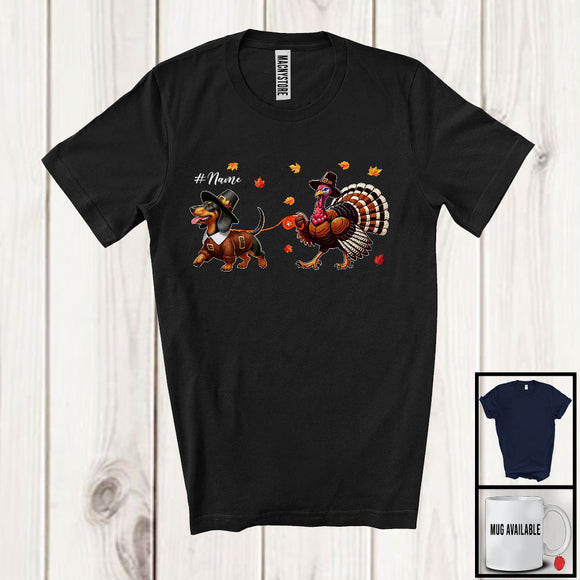 MacnyStore - Personalized Turkey Walking With Dachshund; Happy Thanksgiving Custom Name Family T-Shirt