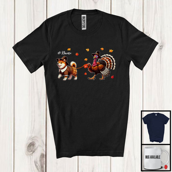 MacnyStore - Personalized Turkey Walking With Shiba Inu; Happy Thanksgiving Custom Name Family T-Shirt