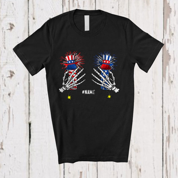 MacnyStore - Personalized Two Skeleton Hands On Fireworks; Amazing 4th of July Custom Name Women Family T-Shirt