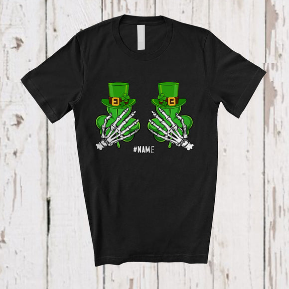 MacnyStore - Personalized Two Skeleton Hands On Shamrocks; Amazing St. Patrick's Day Custom Name Women Family T-Shirt