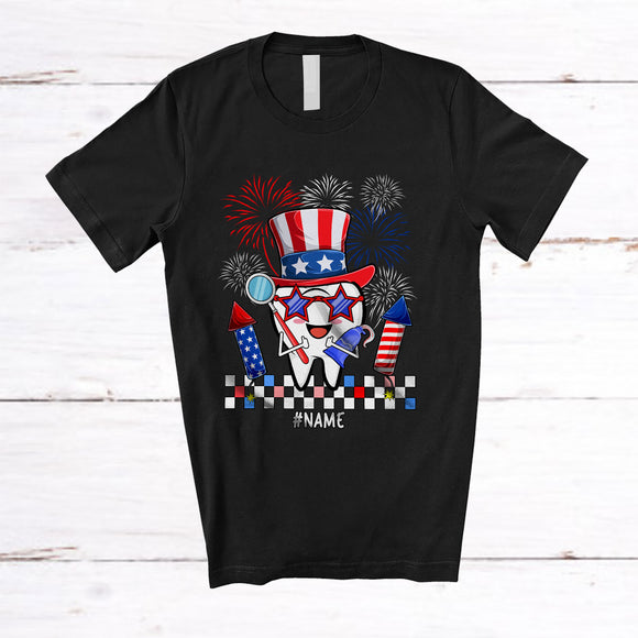 MacnyStore - Personalized Uncle Sam Tooth Sunglasses; Proud 4th Of July Firework; Custom Name Dental Dentist T-Shirt