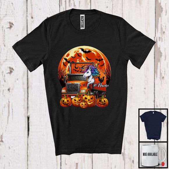 MacnyStore - Personalized Unicorn Driving Truck; Creepy Halloween Moon Custom Name Driver T-Shirt