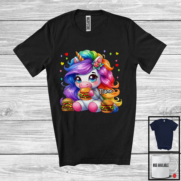 MacnyStore - Personalized Unicorn Eating Hamburger; Adorable Custom Name Boys Girls Hamburger Lover T-Shirt
