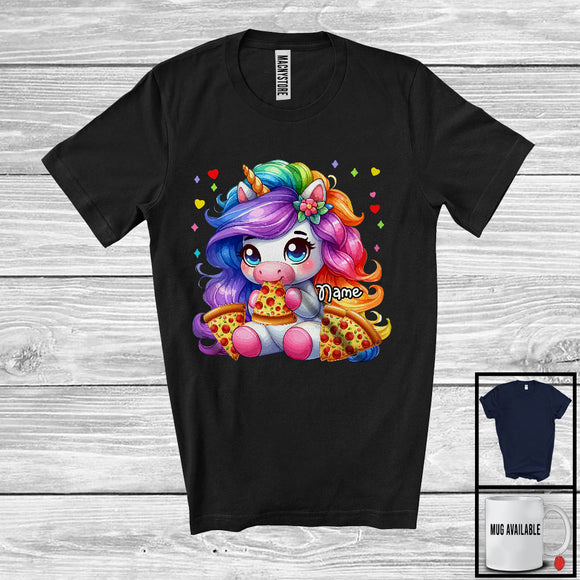 MacnyStore - Personalized Unicorn Eating Pizza; Adorable Custom Name Boys Girls Pizza Lover T-Shirt
