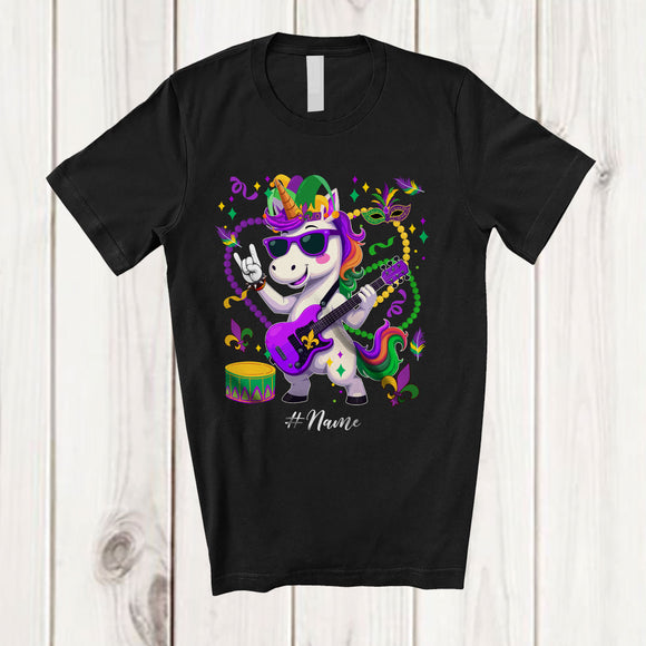 MacnyStore - Personalized Unicorn Rock; Lovely Mardi Gras Unicorn Bass Player; Custom Name Guitarist T-Shirt