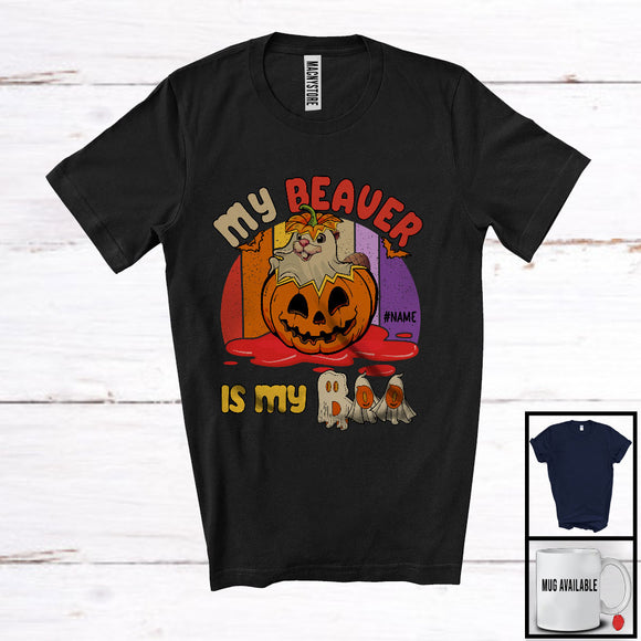 MacnyStore - Personalized Vintage Retro Beaver Is My Boo; Scary Ghost In Pumpkin; Custom Name T-Shirt