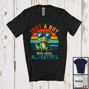 MacnyStore - Personalized Vintage Retro Boy Who Loves Alligators; Lovely Custom Name Animal Sunglasses T-Shirt