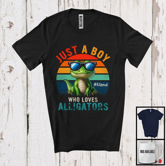 MacnyStore - Personalized Vintage Retro Boy Who Loves Alligators; Lovely Custom Name Animal Sunglasses T-Shirt