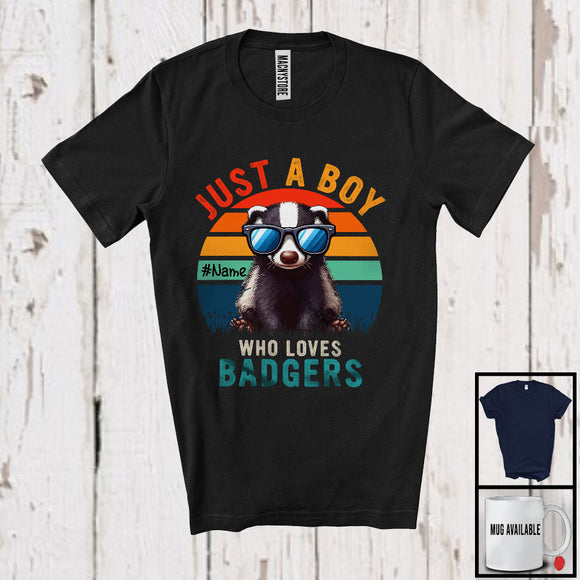 MacnyStore - Personalized Vintage Retro Boy Who Loves Badgers; Lovely Custom Name Animal Sunglasses T-Shirt