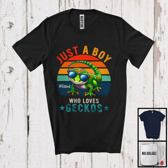 MacnyStore - Personalized Vintage Retro Boy Who Loves Geckos; Lovely Custom Name Animal Sunglasses T-Shirt