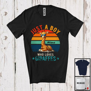 MacnyStore - Personalized Vintage Retro Boy Who Loves Giraffes; Lovely Custom Name Animal Sunglasses T-Shirt