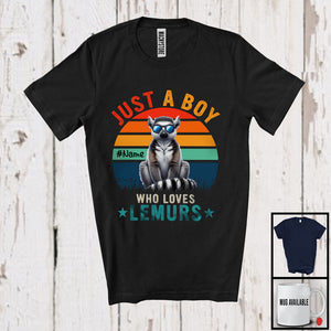 MacnyStore - Personalized Vintage Retro Boy Who Loves Lemurs; Lovely Custom Name Animal Sunglasses T-Shirt