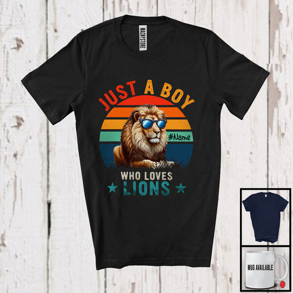 MacnyStore - Personalized Vintage Retro Boy Who Loves Lions; Lovely Custom Name Animal Sunglasses T-Shirt