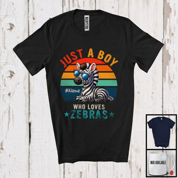 MacnyStore - Personalized Vintage Retro Boy Who Loves Zebras; Lovely Custom Name Animal Sunglasses T-Shirt