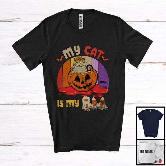 MacnyStore - Personalized Vintage Retro Cat Is My Boo; Scary Ghost In Pumpkin; Custom Name T-Shirt