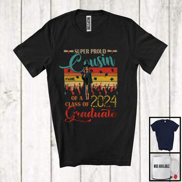 MacnyStore - Personalized Vintage Retro Cousin Class Of 2024 Graduate, Super Proud Graduation Custom Name Girl Family T-Shirt