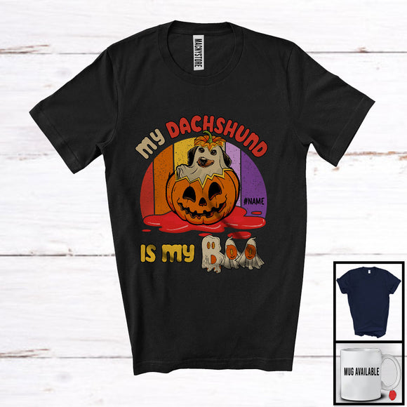 MacnyStore - Personalized Vintage Retro Dachshund Is My Boo; Scary Ghost In Pumpkin; Custom Name T-Shirt