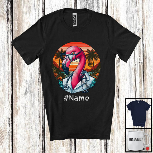 MacnyStore - Personalized Vintage Retro Flamingo Veterinarian; Humorous Animal Glasses Custom Name T-Shirt