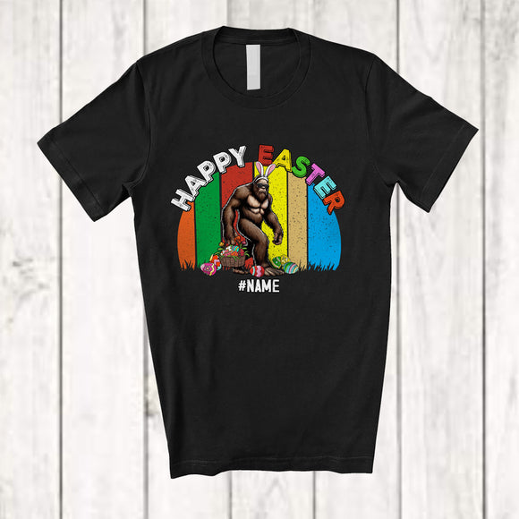 MacnyStore - Personalized Vintage Retro Happy Easter; Joyful Custom Name Bunny Bigfoot Eggs Basket Hunt T-Shirt