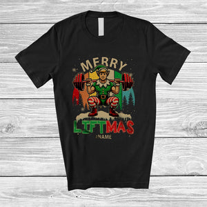 MacnyStore - Personalized Vintage Retro Liftmas; Merry Christmas Custom Name Muscle Elf Weightlifting T-Shirt