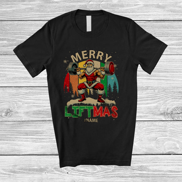 MacnyStore - Personalized Vintage Retro Liftmas; Merry Christmas Custom Name Muscle Santa Weightlifting T-Shirt