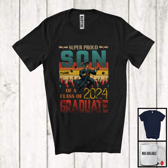 MacnyStore - Personalized Vintage Retro Son Class Of 2024 Graduate, Super Proud Graduation Custom Name Family T-Shirt