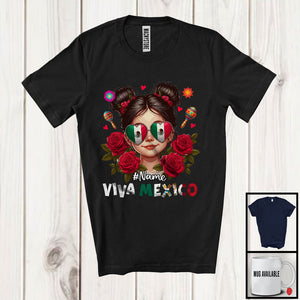 MacnyStore - Personalized Viva Mexico; Lovely Independence Day Custom Name Girl; Mexican Flag Flowers T-Shirt