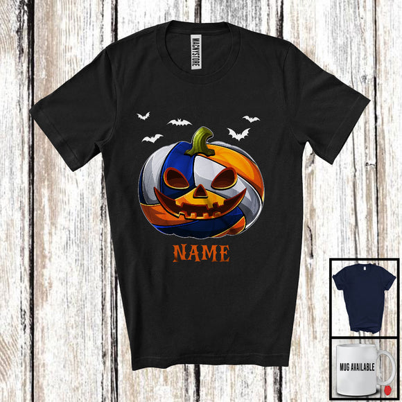 MacnyStore - Personalized Volleyball Pumpkin Face, Humorous Halloween Custom Name Volleyball Player T-Shirt