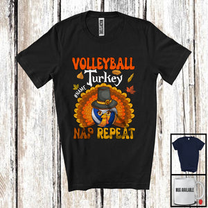 MacnyStore - Personalized Volleyball Turkey Nap Repeat, Joyful Thanksgiving Fall Leaves, Custom Name Sport Player T-Shirt