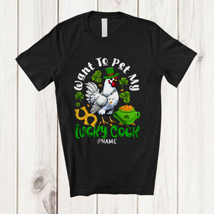 MacnyStore - Personalized Want To Pet My Lucky Cock; Lovely St. Patrick's Day Custom Name Rooster Leprechaun T-Shirt