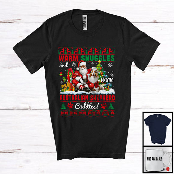 MacnyStore - Personalized Warm Snuggles Australian Shepherd Cuddles, Lovely Christmas Sweater Custom Name Santa T-Shirt