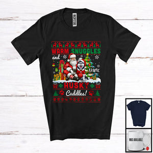 MacnyStore - Personalized Warm Snuggles Husky Cuddles, Lovely Christmas Sweater Custom Name Santa T-Shirt