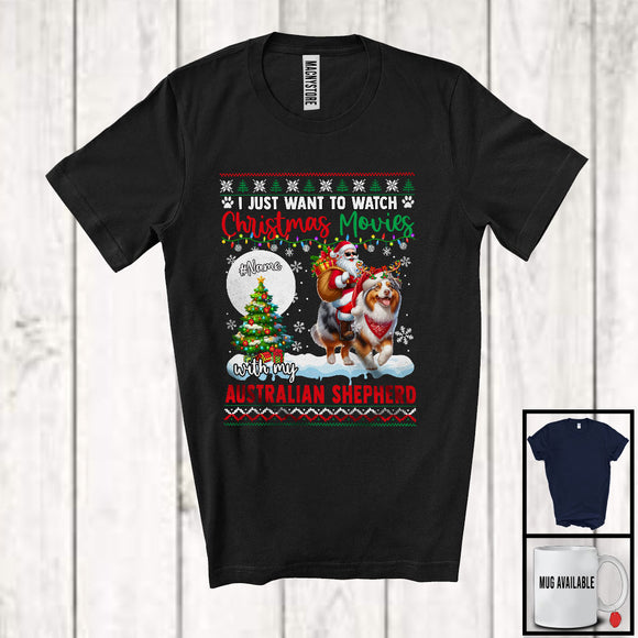 MacnyStore - Personalized Watch Christmas Movies With My Australian Shepherd; Joyful Santa Riding Puppy; X-mas Tree T-Shirt