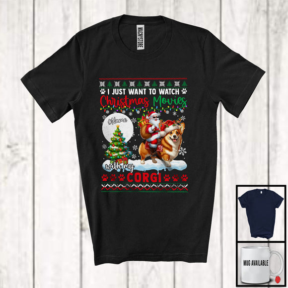 MacnyStore - Personalized Watch Christmas Movies With My Corgi; Joyful Santa Riding Puppy; X-mas Tree T-Shirt