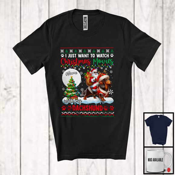 MacnyStore - Personalized Watch Christmas Movies With My Dachshund; Joyful Santa Riding Puppy; X-mas Tree T-Shirt